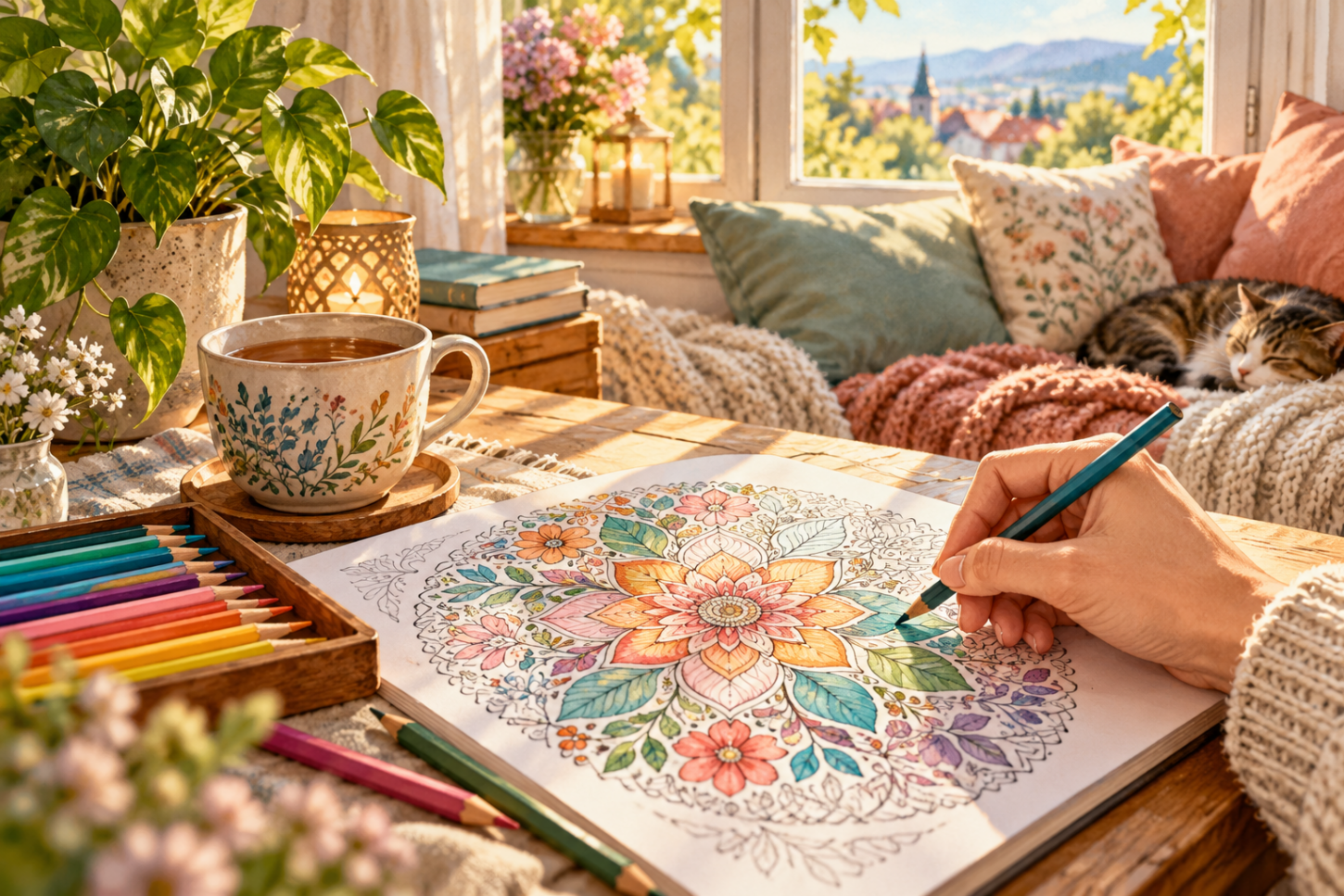 Eine Hand koloriert in einer ruhigen Leseecke ein florales Mandala mit Farbstiften und Tee.