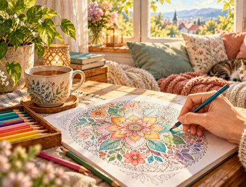 Eine Hand koloriert in einer ruhigen Leseecke ein florales Mandala mit Farbstiften und Tee.