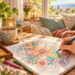 Eine Hand koloriert in einer ruhigen Leseecke ein florales Mandala mit Farbstiften und Tee.