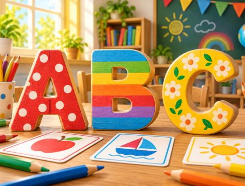 Bunte gemusterte Holzbuchstaben A, B und C stehen mit Farbstiften auf einem Kindertisch.