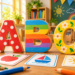 Bunte gemusterte Holzbuchstaben A, B und C stehen mit Farbstiften auf einem Kindertisch.