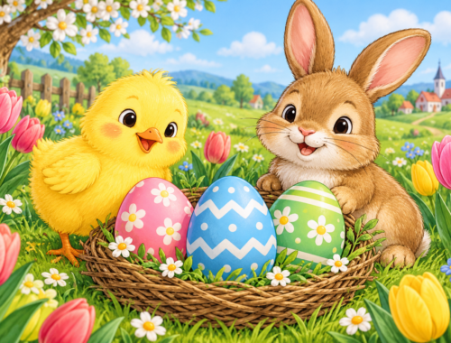 Ein flauschiges Küken und ein Häschen sitzen mit drei großen Ostereiern im Frühlingsnest.