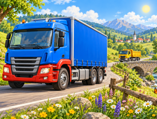 Blauer Lastwagen und gelber Kipper fahren auf einer sonnigen Landstraße durch grüne Hügel.