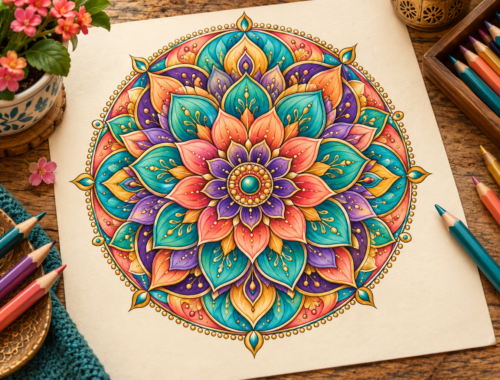 Farbenfrohes florales Mandala auf Papier, umgeben von bunten Farbstiften.