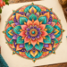 Farbenfrohes florales Mandala auf Papier, umgeben von bunten Farbstiften.