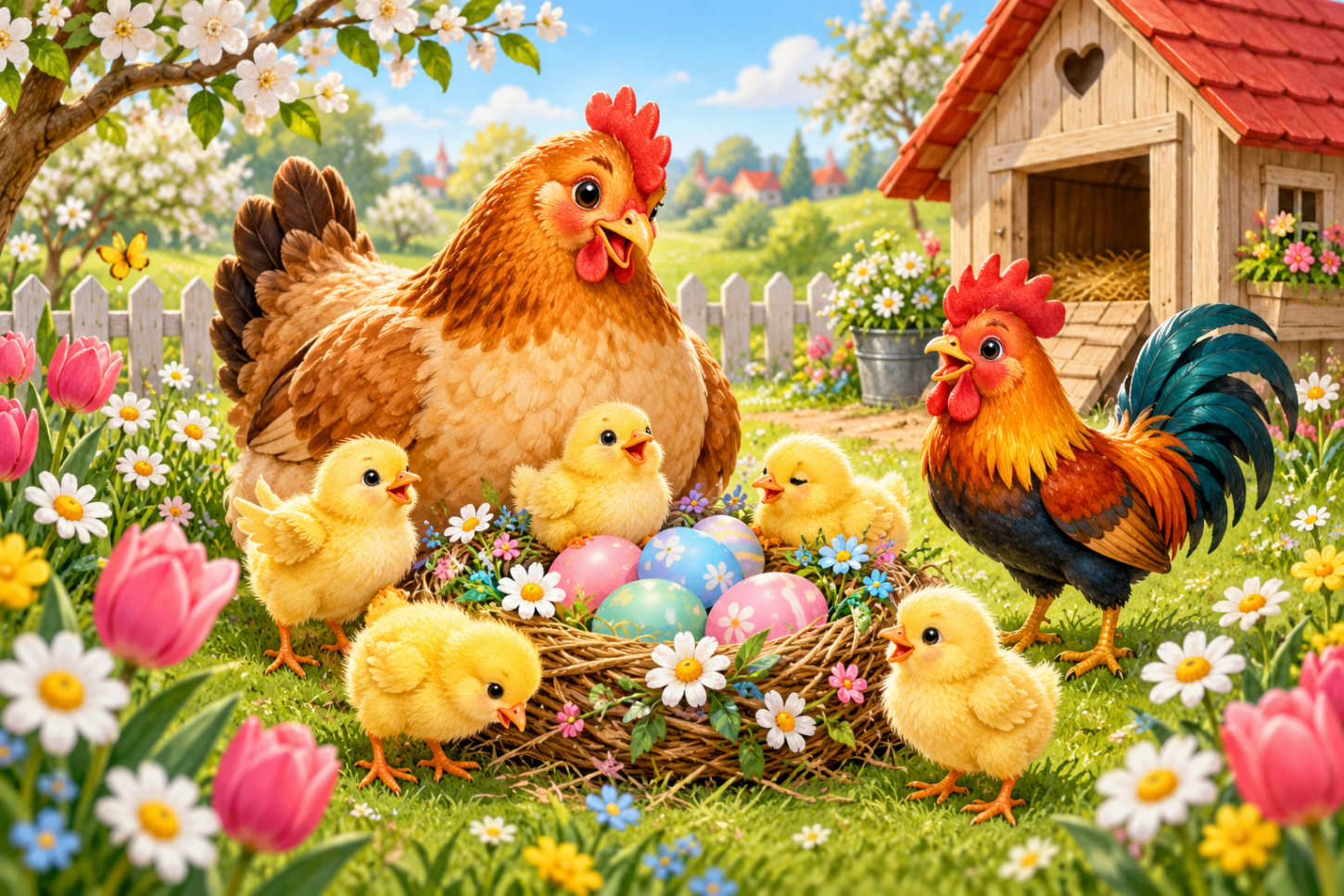 Gelbe Osterküken mit Henne und Hahn an einem blumigen Nest voller bunter Eier.