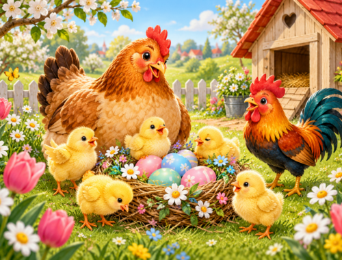 Kostenlose Osterküken Ausmalbilder für kreativen Malspaß 7 Gelbe Osterküken mit Henne und Hahn an einem blumigen Nest voller bunter Eier.