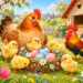 Gelbe Osterküken mit Henne und Hahn an einem blumigen Nest voller bunter Eier.
