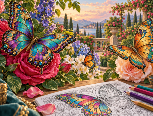 Kunstvoll gemusterte Schmetterlinge zwischen Rosen und Blumen, dazu ein Ausmalbild mit Farbstiften.
