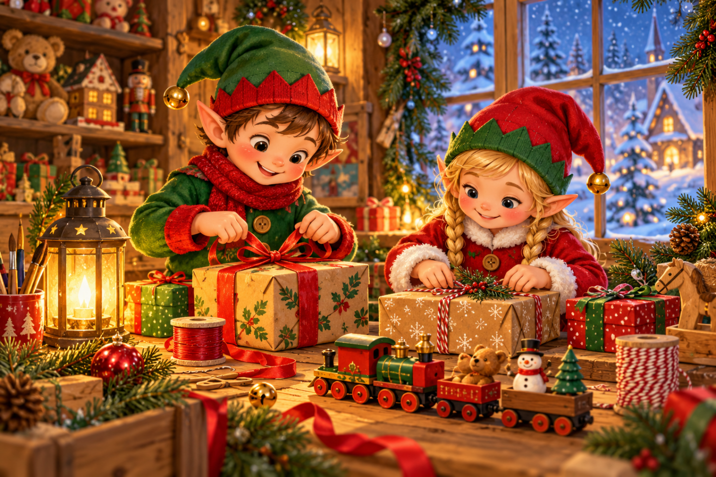 Zwei Weihnachtselfen verpacken Geschenke in einer warm beleuchteten Werkstatt im Schnee.