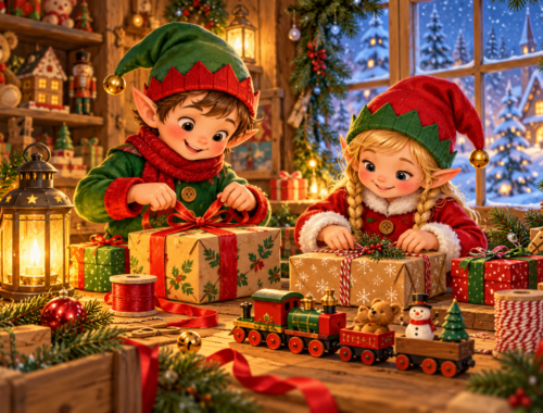 Zwei Weihnachtselfen verpacken Geschenke in einer warm beleuchteten Werkstatt im Schnee.