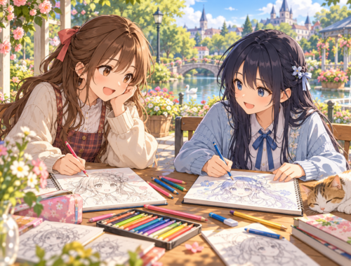 Zwei Anime-Freundinnen zeichnen und kolorieren Manga-Figuren an einem blühenden Gartentisch.