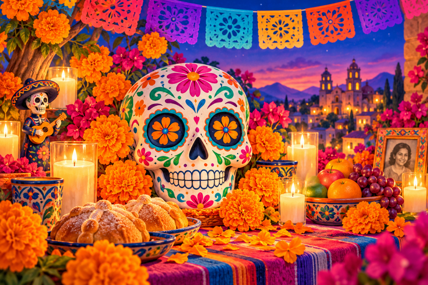 Bunt verzierter Zuckerschädel mit Ringelblumen, Kerzen und festlichem Altar zum Día de los Muertos.