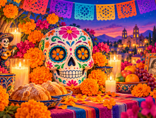Bunt verzierter Zuckerschädel mit Ringelblumen, Kerzen und festlichem Altar zum Día de los Muertos.