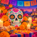 Bunt verzierter Zuckerschädel mit Ringelblumen, Kerzen und festlichem Altar zum Día de los Muertos.