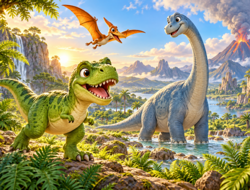 Ausmalbilder Dinos – Kostenlose Vorlagen für kleine Dino-Fans! 8 Freundlicher T-Rex und langhalsiger Dinosaurier an einem prähistorischen Fluss, mit Flugsaurier und Vulkan.