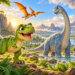 Freundlicher T-Rex und langhalsiger Dinosaurier an einem prähistorischen Fluss, mit Flugsaurier und Vulkan.