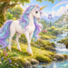 Weißes Einhorn mit pastellfarbener Mähne an einem Waldbach, im Hintergrund ein Schloss unter einem Regenbogen.