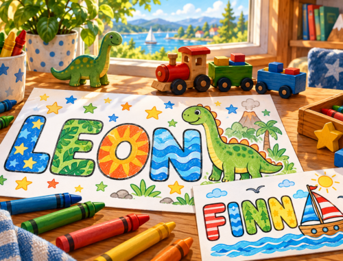 Bunte Namens-Ausmalbilder mit den Schriftzügen Leon und Finn, Dinosaurier, Segelboot und Wachsmalstiften auf einem Basteltisch.