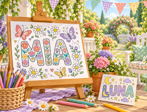 Namens-Ausmalbilder mit Mia und Luna auf einer Staffelei und Karte, verziert mit Blumen, Schmetterlingen, Mond und Sternen.
