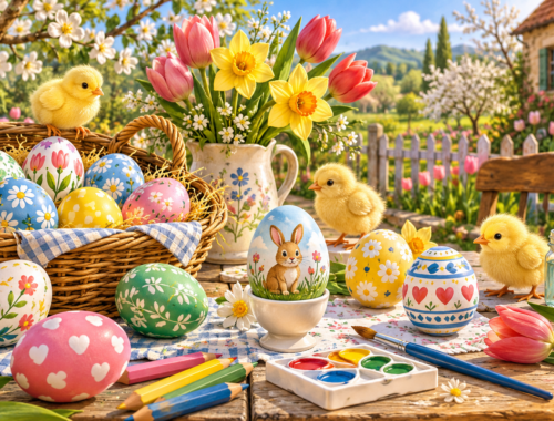 Bunt bemalte Ostereier, gelbe Küken und Frühlingsblumen auf einem sonnigen Gartentisch.