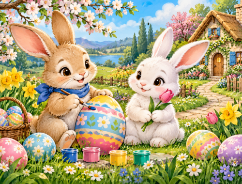 Zwei niedliche Osterhasen bemalen ein großes Osterei auf einer Blumenwiese vor einem kleinen Frühlingshaus.