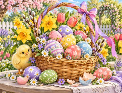 Ausmalbilder mit Ostermotiven – kostenlos zum Ausdrucken 9 Osterkorb mit bunt bemalten Eiern, Narzissen und Tulpen auf einem Gartentisch; daneben steht ein flauschiges Küken.