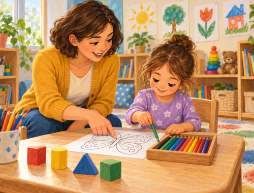 Erwachsene begleitet ein Kind beim Ausmalen eines Schmetterlings; das Kind wählt einen grünen Buntstift aus einer Holzschale.