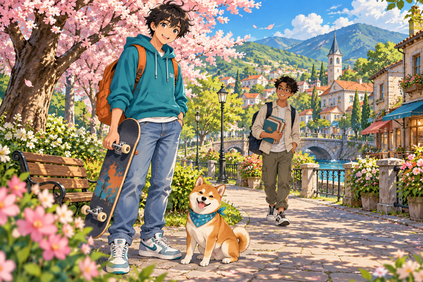 Anime-Junge mit Skateboard und Hund auf einem blühenden Parkweg; im Hintergrund kommt ein weiterer Junge mit Büchern.