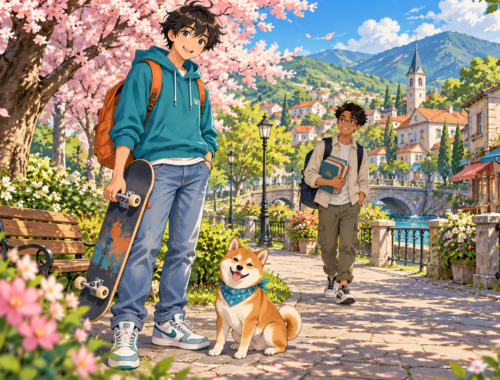 Anime-Junge mit Skateboard und Hund auf einem blühenden Parkweg; im Hintergrund kommt ein weiterer Junge mit Büchern.