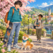 Anime-Junge mit Skateboard und Hund auf einem blühenden Parkweg; im Hintergrund kommt ein weiterer Junge mit Büchern.