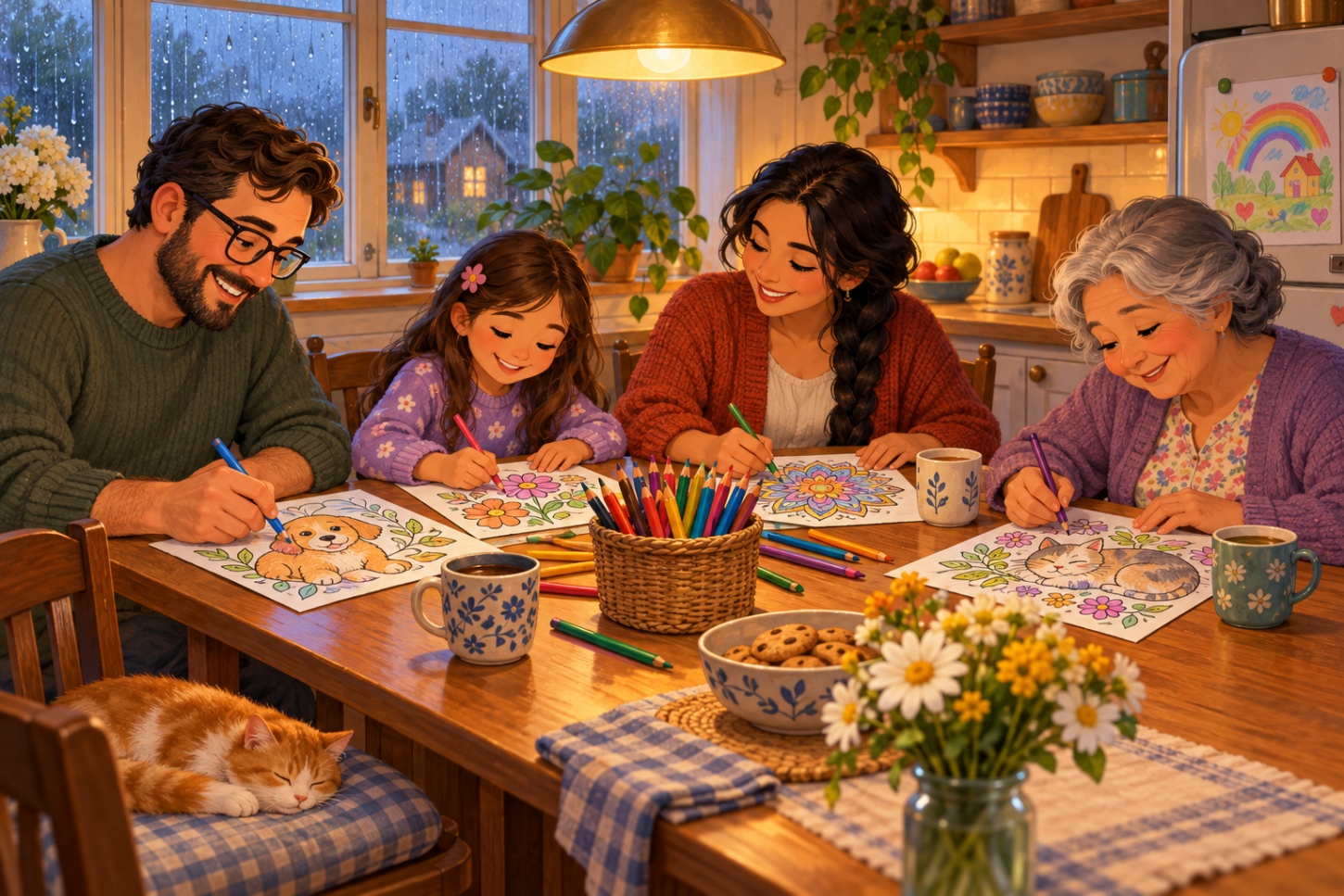 Eltern, Kind und Großmutter malen an einem gemütlichen Küchentisch gemeinsam Tiere, Blumen und ein Mandala aus.