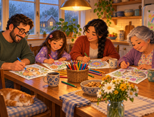 Eltern, Kind und Großmutter malen an einem gemütlichen Küchentisch gemeinsam Tiere, Blumen und ein Mandala aus.