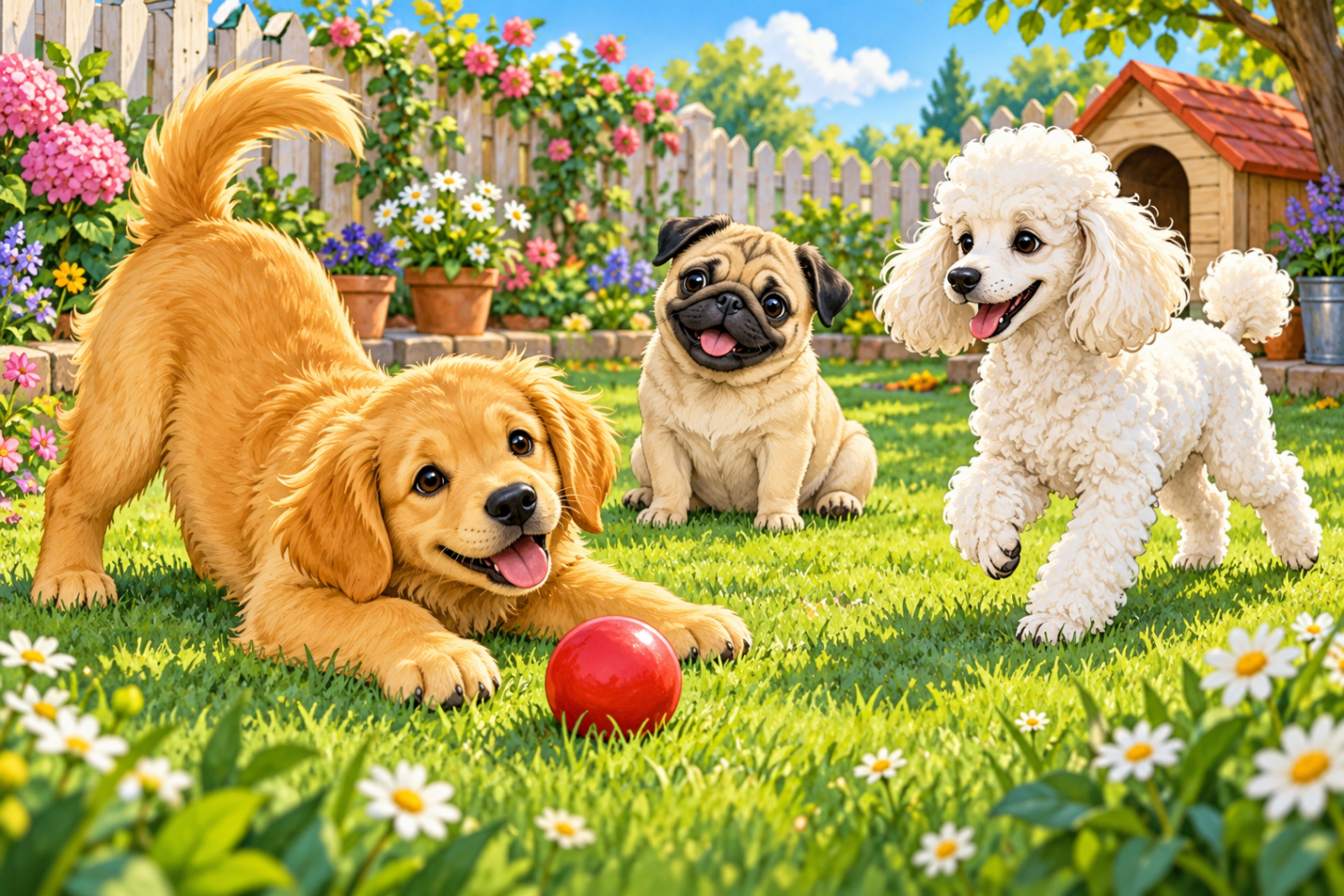 Goldener Welpe spielt mit einem roten Ball im Garten, während ein Mops und ein weißer Pudel zuschauen.