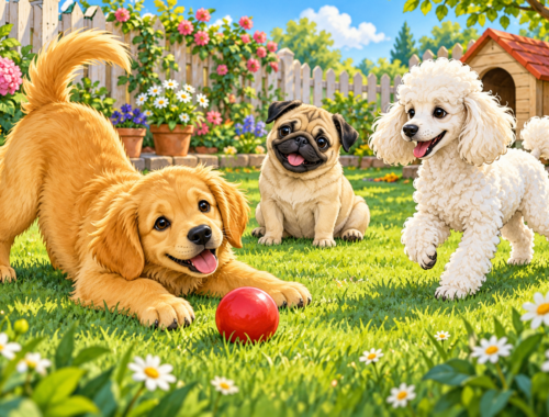 Hunde Malvorlagen kostenlos – Bilder ausmalen & herunterladen 25 Goldener Welpe spielt mit einem roten Ball im Garten, während ein Mops und ein weißer Pudel zuschauen.