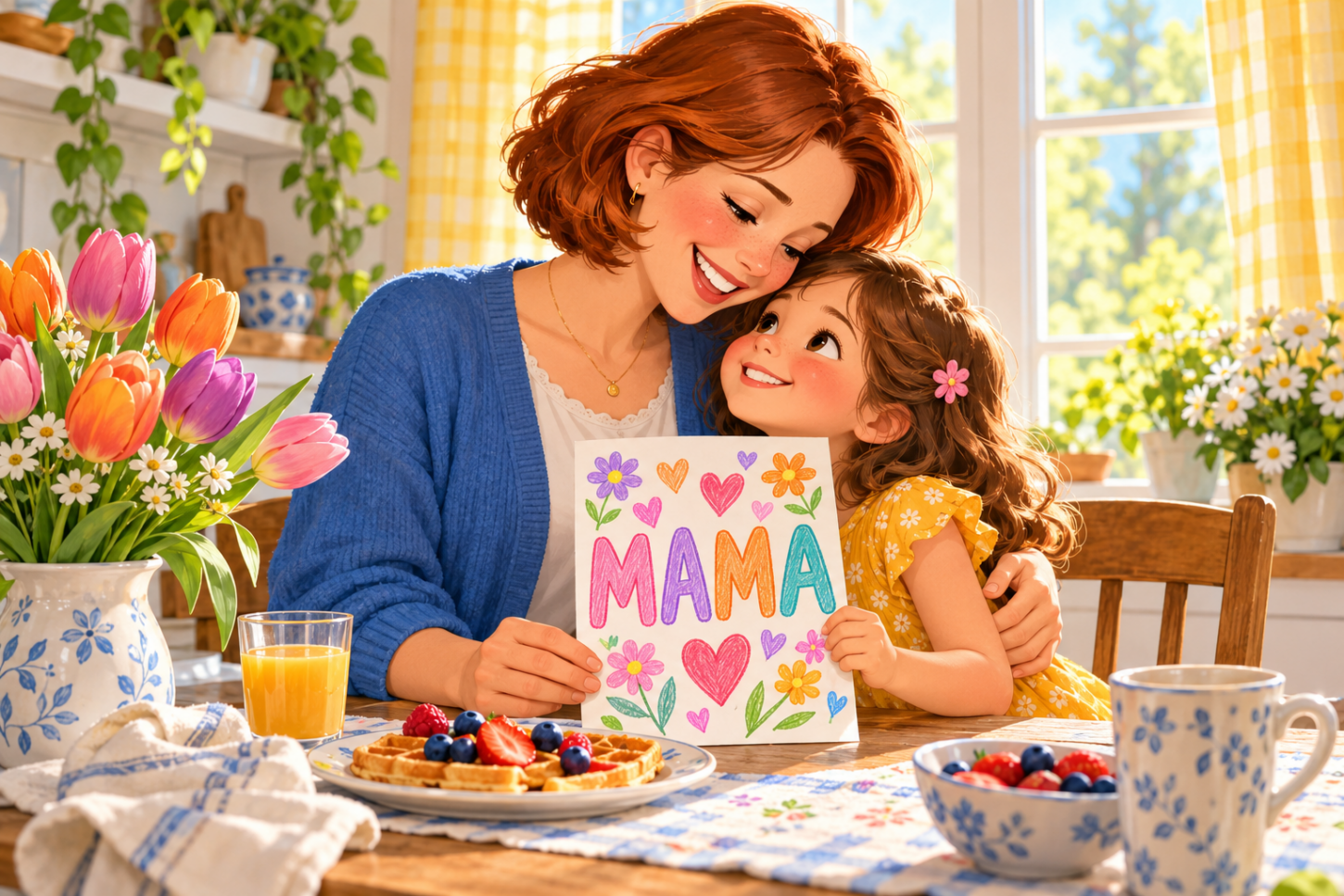 Mutter und Tochter beim Frühstück mit Tulpen und einer bunt bemalten Karte mit dem Schriftzug MAMA und Herzen.