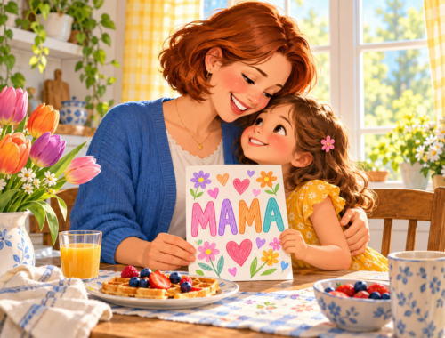 Mutter und Tochter beim Frühstück mit Tulpen und einer bunt bemalten Karte mit dem Schriftzug MAMA und Herzen.