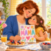 Mutter und Tochter beim Frühstück mit Tulpen und einer bunt bemalten Karte mit dem Schriftzug MAMA und Herzen.