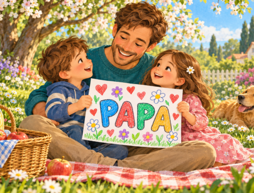 Vater mit Sohn und Tochter beim Picknick; die Kinder zeigen ein bunt ausgemaltes Bild mit dem Schriftzug PAPA und Herzen.