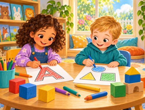 Zwei Kinder malen in einer hellen Lernecke den Buchstaben A sowie Kreis, Dreieck und Quadrat mit bunten Stiften aus.