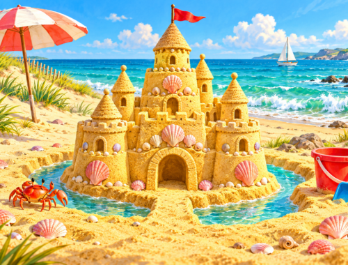 Große Sandburg mit Muschelschmuck und roter Fahne am Meer, daneben ein Krebs sowie Eimer und Schaufel.