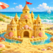 Große Sandburg mit Muschelschmuck und roter Fahne am Meer, daneben ein Krebs sowie Eimer und Schaufel.