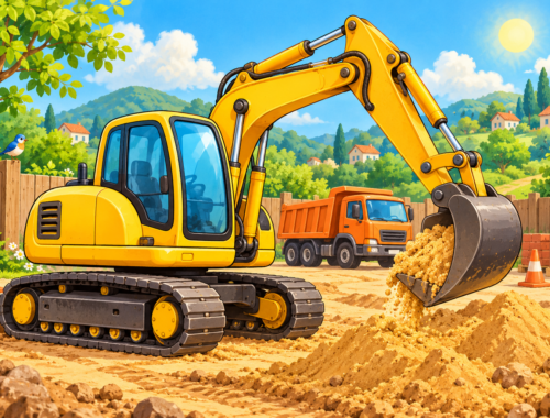 Gelber Kettenbagger hebt Sand auf einer sonnigen Baustelle, während ein orangefarbener Lastwagen hinter ihm wartet.