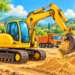 Gelber Kettenbagger hebt Sand auf einer sonnigen Baustelle, während ein orangefarbener Lastwagen hinter ihm wartet.