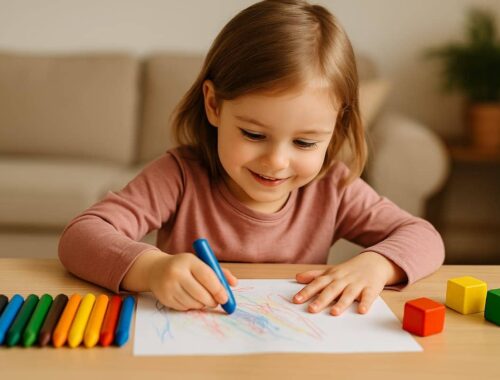 Wachsmalstifte Vergleich: Welche Stifte passen wirklich zu deinem Kind? 13 Kind malt mit verschiedenen Wachsmalstiften am Tisch – motivisches Titelbild für einen Wachsmalstifte Vergleich