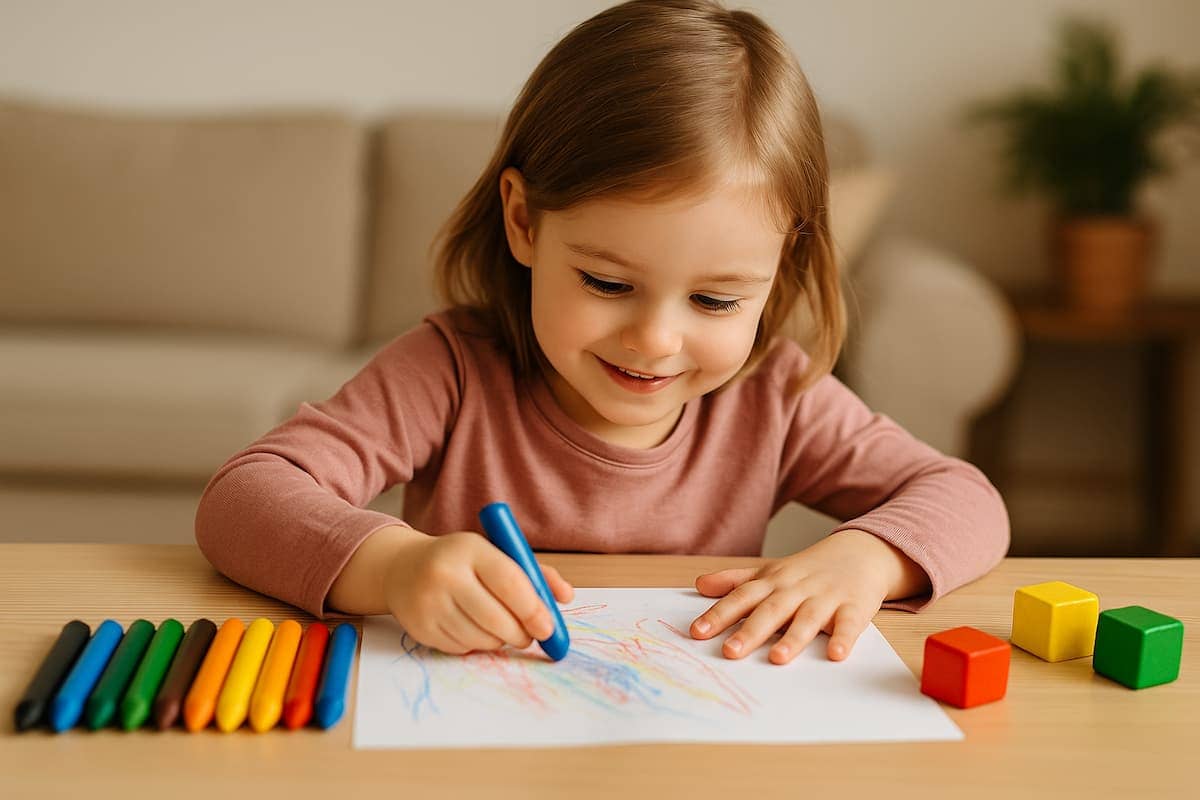 Kind malt mit verschiedenen Wachsmalstiften am Tisch – motivisches Titelbild für einen Wachsmalstifte Vergleich