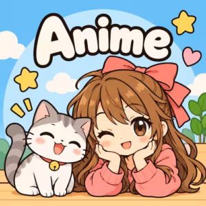 Kostenlose Ausmalbilder zum Ausdrucken für Kinder & Erwachsene 10 Kategoriebild Anime mit Mädchen und Katze im niedlichen Manga-Stil
