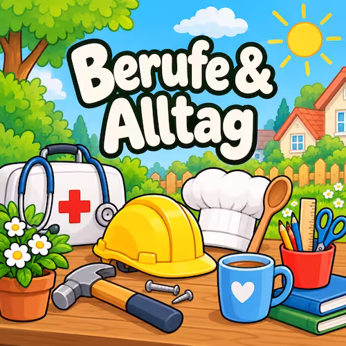 Kostenlose Ausmalbilder zum Ausdrucken für Kinder & Erwachsene 19 Kategoriebild Berufe & Alltag mit Arztkoffer, Bauhelm, Kochmütze und Schreibutensilien