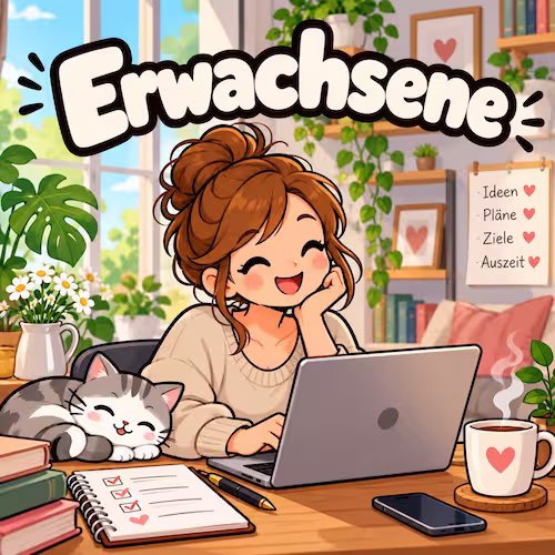 Kostenlose Ausmalbilder zum Ausdrucken für Kinder & Erwachsene 23 Kategoriebild Erwachsene mit Frau am Schreibtisch, Laptop, Katze und Pflanzen