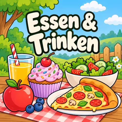 Kostenlose Ausmalbilder zum Ausdrucken für Kinder & Erwachsene 20 Kategoriebild Essen & Trinken mit Pizza, Salat, Cupcake, Apfel und Orangensaft